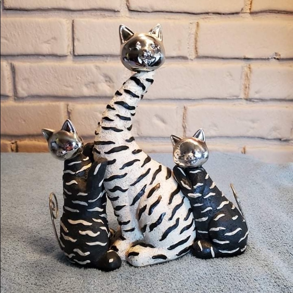 Vintage Set of 3 Black and White cats with Chrome heads and tail accents